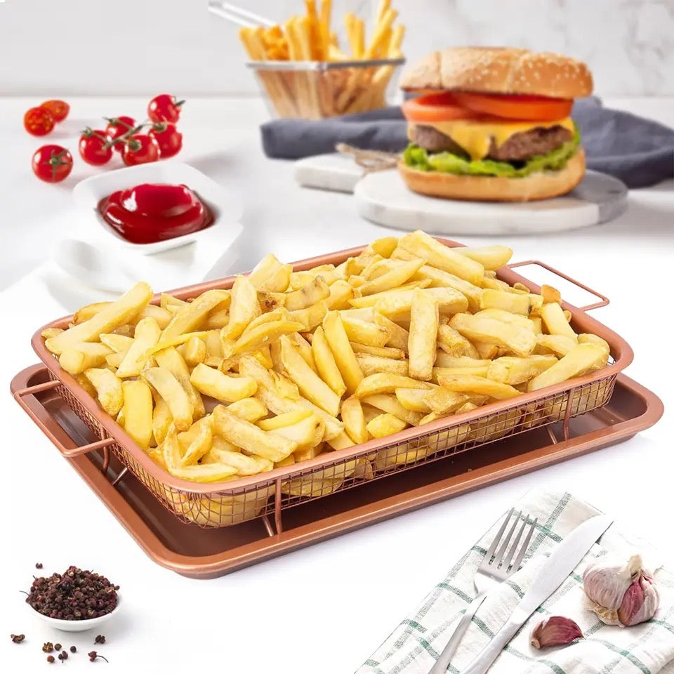 Set Of 2 Pcs Air Fryer Tray, Double Non Stick Crisper Tray, Multifunction Roasting Frying Basket, Heat Resistance Oven Grill Pan Basket, Cooling Grill Pan Plate With Handles Set Of 2 Pcs Air Fryer Tray, Double Non Stick Crisper Tray, Multifunction Roasting Frying Basket, Heat Resistance Oven Grill Pan Basket, Cooling Grill Pan Plate With Handles